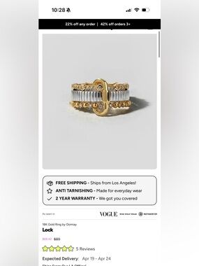 Oomiay 18k Gold Ring - Lock - Size 5